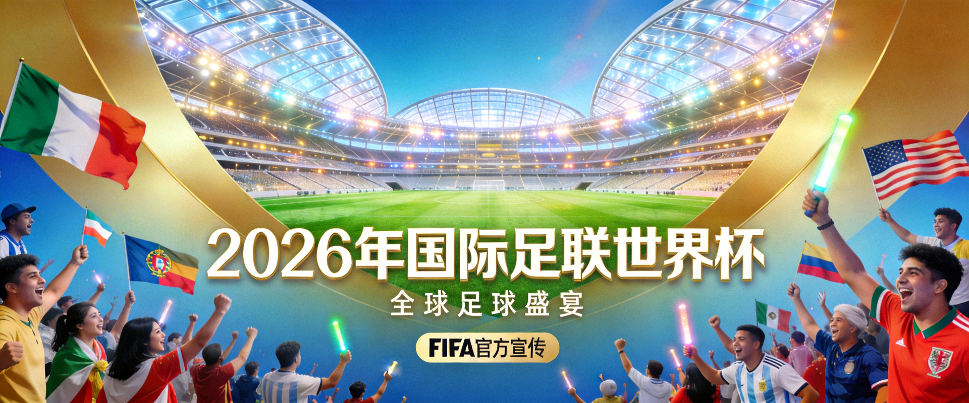 2026年国际足联世界杯官方宣传横幅，展示宏伟球场与球迷狂欢场景